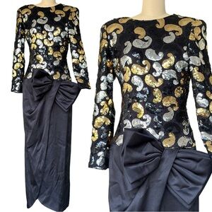 80s Vintage Black Sequin Cocktail Dress Gold Silver Paisley Martinique Medium
